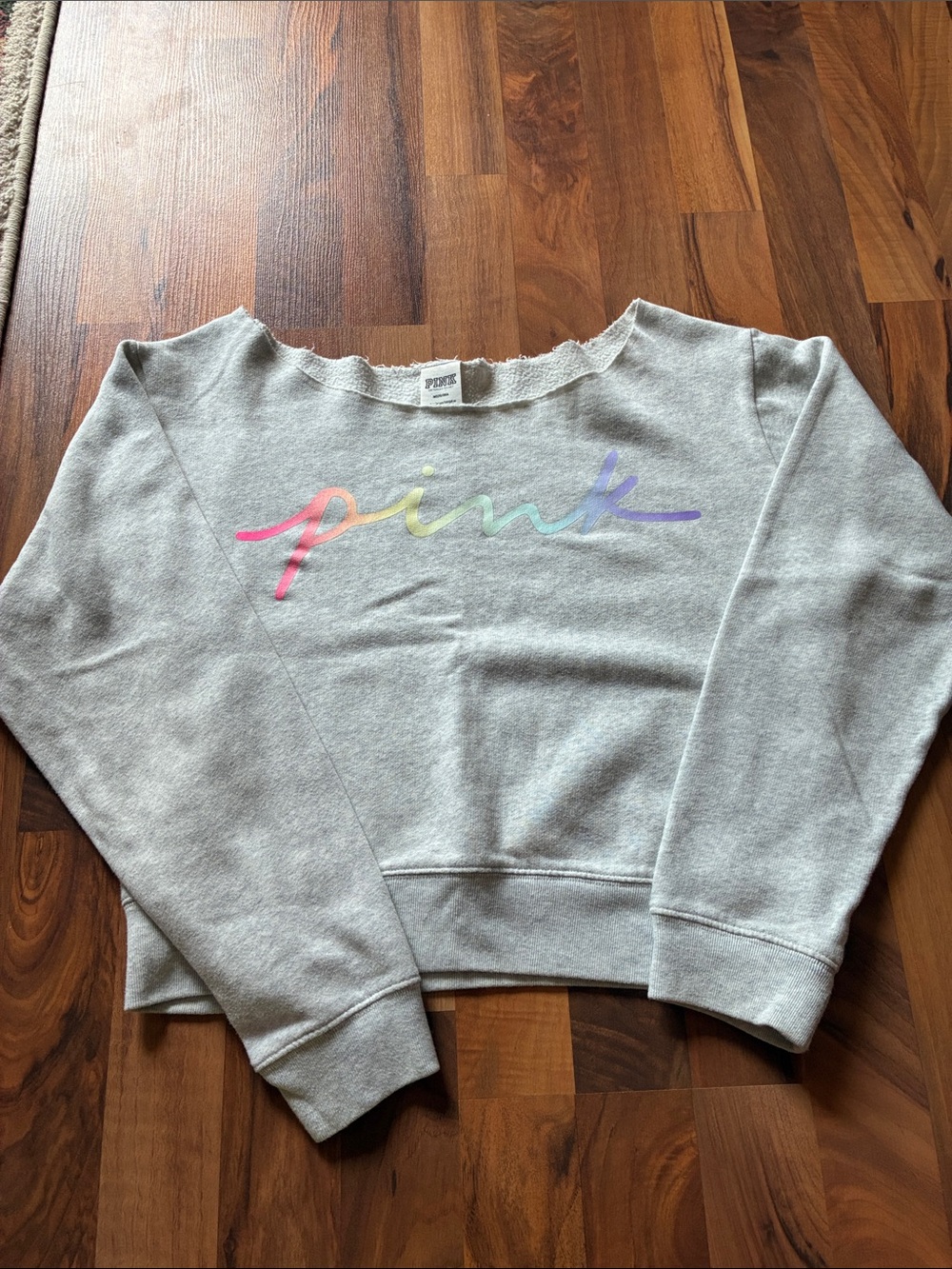 PINK Victoria's Secret Light Gray Crewneck with Rainbow Script Logo